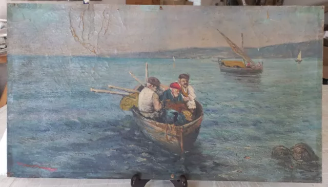 Antico dipinto a olio su tela incollato su cartone spesso - epoca: fine 800-