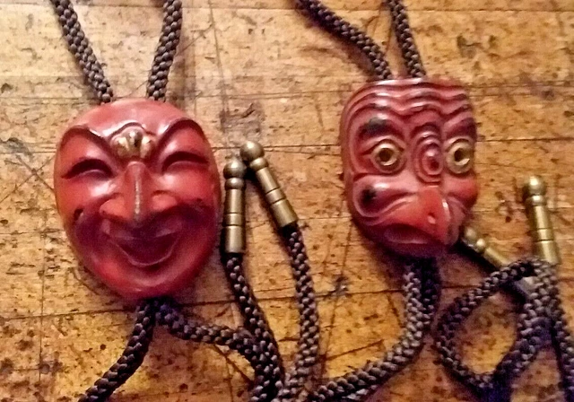 Pair Slide Tie Bolos or Pendants - Red Painted Carved Wood Face Masks, Korean?