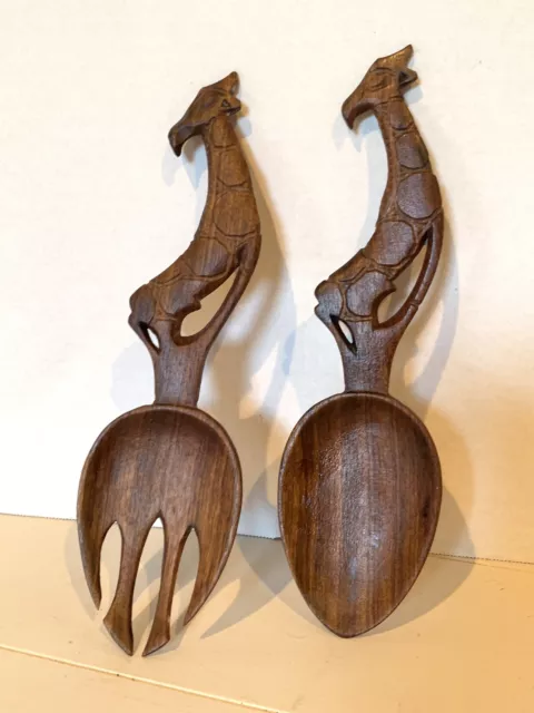 Vintage Hand Carved Wooden Giraffe Salad Servers Serving Spoon And Fork Folk Art