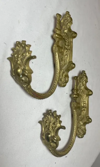 antique ornate Victorian gold gilded bronze curtain rod holder tiebacks brackets