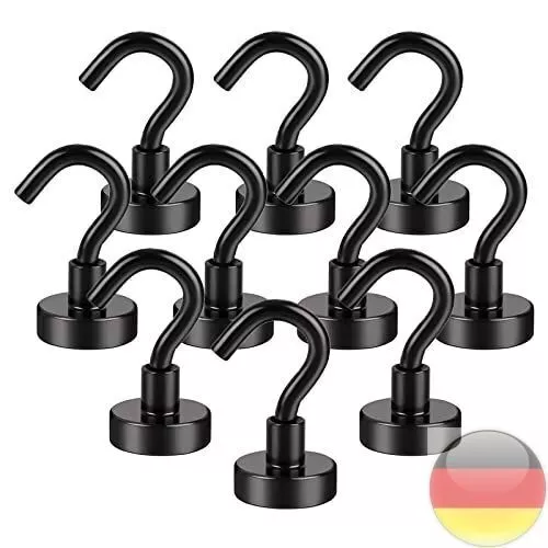 Magnet Haken - 10 Stück Magnethaken - Extra stark, schwarz, Neodym, Magnethaken