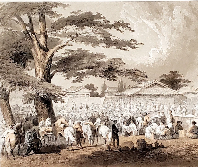 1856 Market Place Napha Japan Lithograph Wilhelm Heine Perry Expedition ORIGINAL
