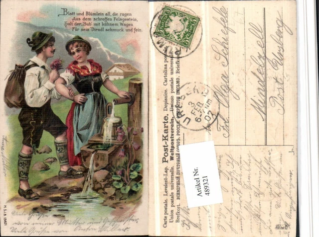489321,PRÄGE LITHO DEUTSCHE Tracht Trachten Paar Brunnen Spruch EUR 7
