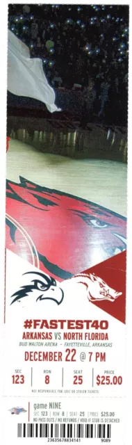Arkansas Razorbacks Basketball Ticket Stub North Florida Bud Walton 12/22/2015