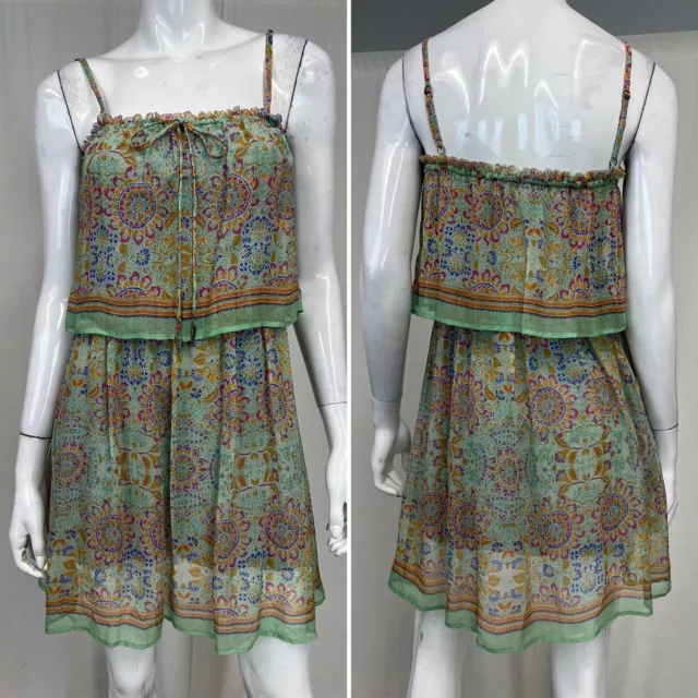 Ella Moss Small Silk Chiffon Tiered Strappy Green Floral Dress Anthropologie