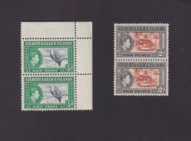 2 Pairs Stamps Gilbert & Ellice Islands GVI - Half Penny Green & Two Pence - MNH