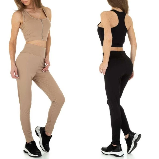 Tuta donna due pezzi sportiva da ginnastica pantacollant vita alta top corto zip
