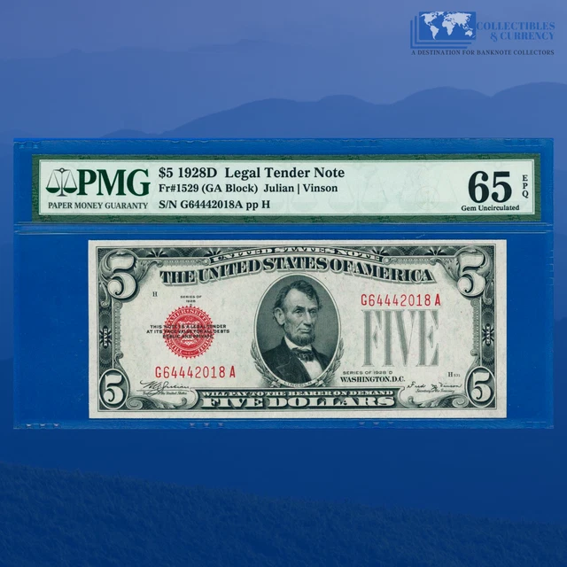 Fr.1530 KEY 1928D $5 Five Dollars Legal Tender Note G/A Block, PMG 65 EPQ #42018