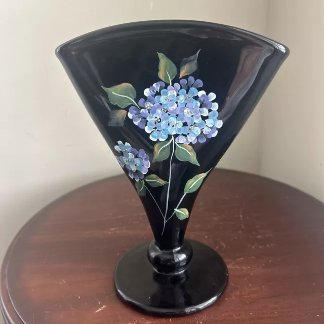 Fenton Art Glass Hand-Painted Blue Hydrangeas On Black Glass Fan Vase-Beautiful!