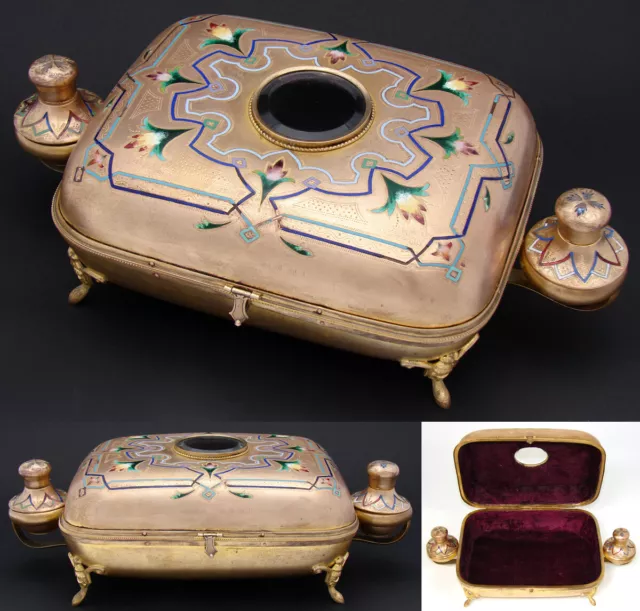 LG Antique French Napoleon III Bronze & Champleve Enamel Jewelry Box, Perfumes