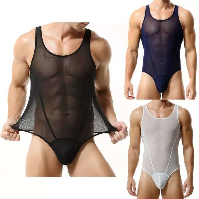 Herren Body einfarbig Trikot ärmellose Dessous durchsichtig Overall Training