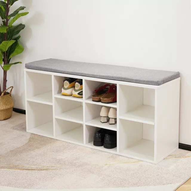 White Shoe Storage Bench Cabinet Ottoman Padded Seat Organizer Shelves Adjusting 2