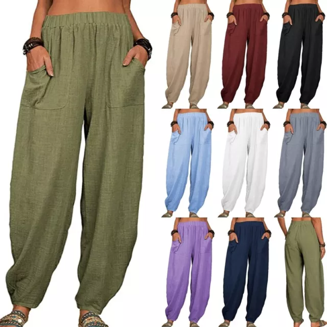 Femmes Taille Élastique Coton Lin Pantalon Sarouel Décontracté Bouffant Solid 》