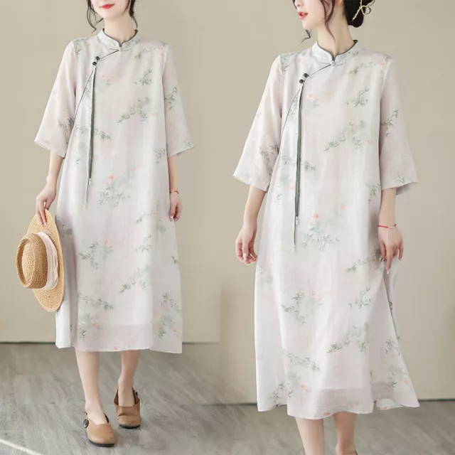 Womens Dress Gown Cheongsam Summer Qipao Chinese Style Linen Floral Stand Collar