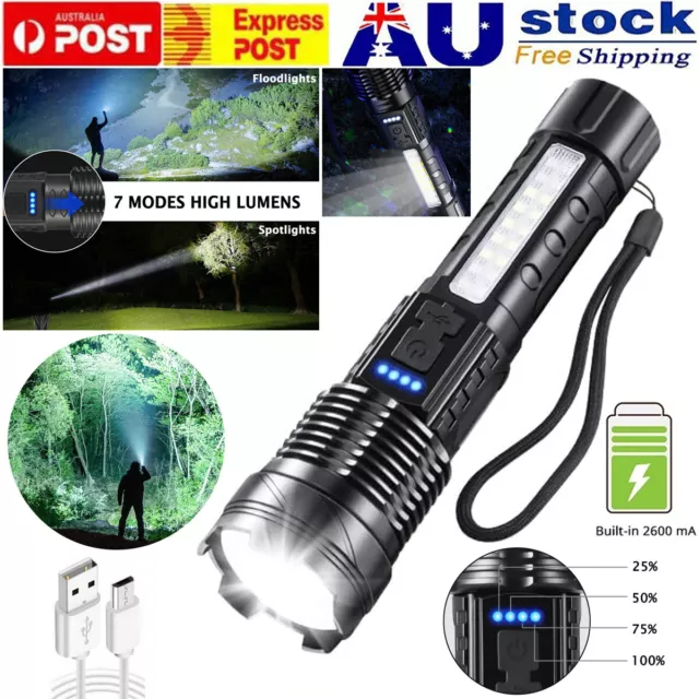 1000000 Lm Rechargeable COB LED Flashlight Super Bright Powerful Zoomable Torch