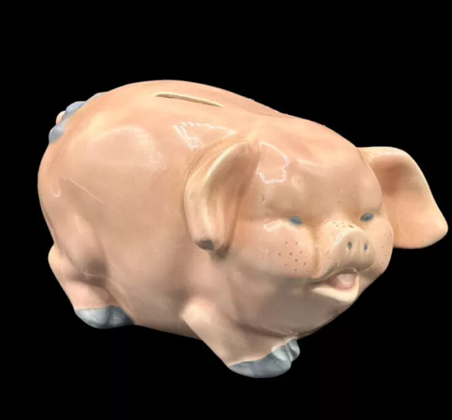 Vintage Ceramic Piggy Still Coin Bank Pottery Pig Swine Blue Bow