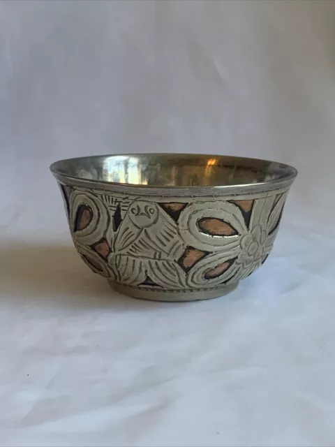 Vintage Indian Copper Bowl Dish w/ Silver Ornate Overlay Hand Made India