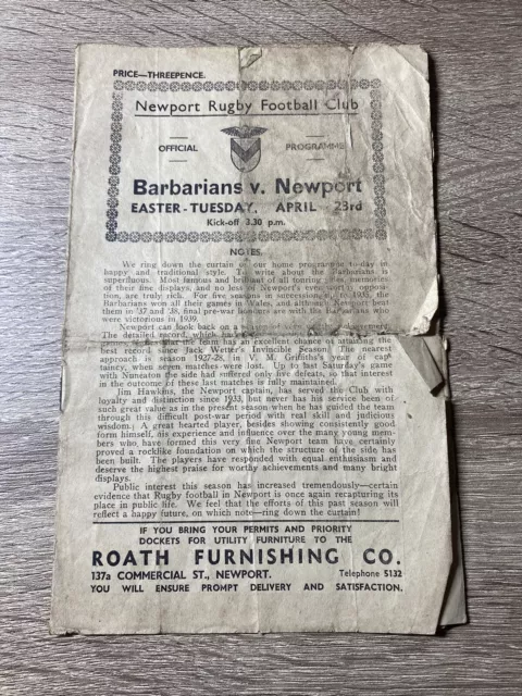 Newport RFC V Barbarians 23 April 1946 1945-46 Rugby Union Programme