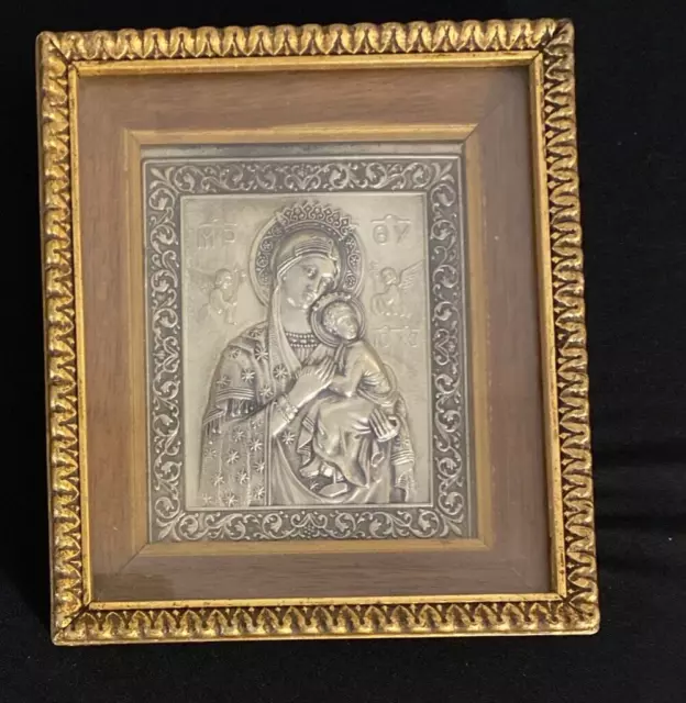 Madonna and Child Embossed Framed Religious Icon .925 Sterling Silver