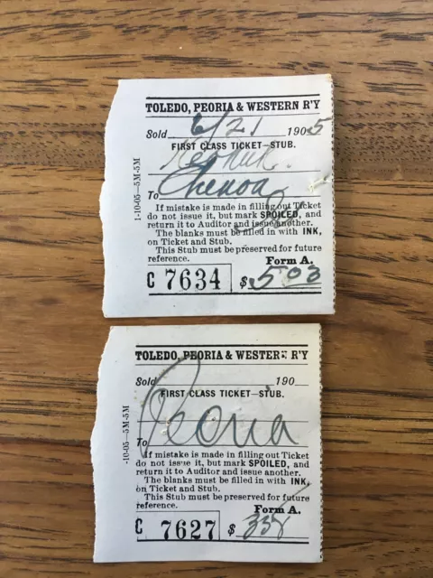 Lot of 2 Antique Ticket Stubs Toledo Peoria & Western Railway 1905