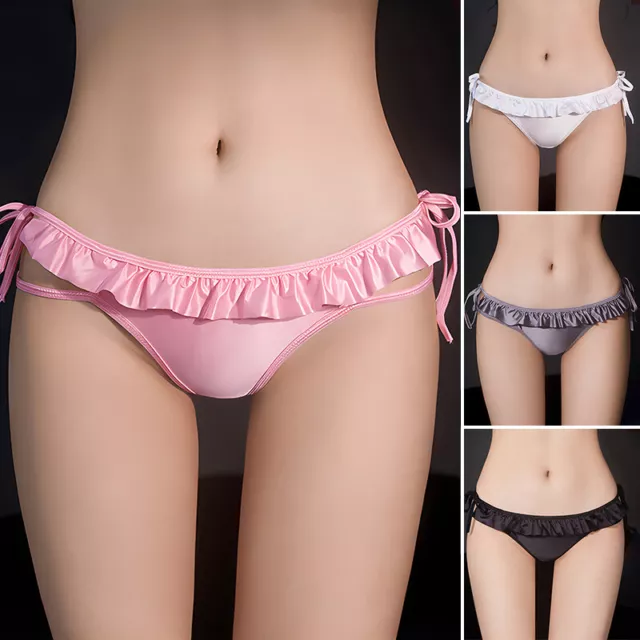 Women's Glossy Panties Lace-Up Ruffled Silky Underwear Oil Shiny Lingerie Briefs