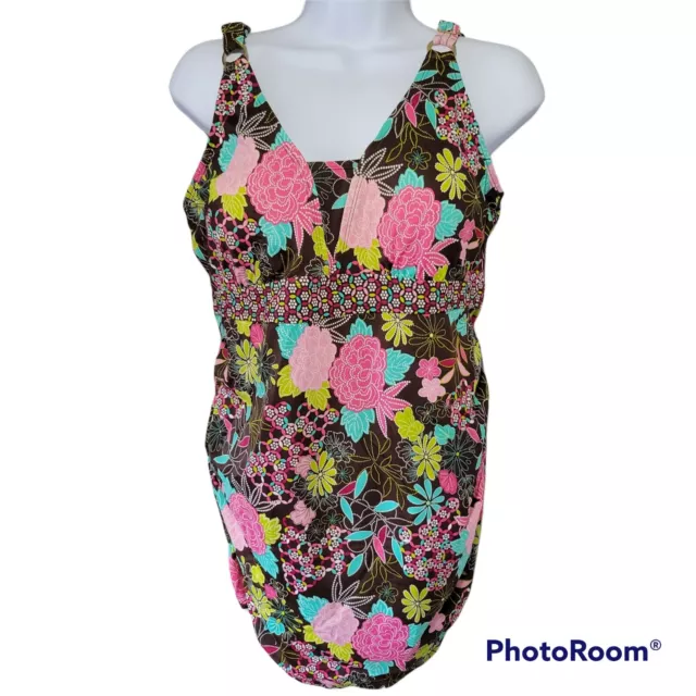 Motherhood Maternity Tankini Swim Top Womens Large Brown Pink Multicolor Ruched