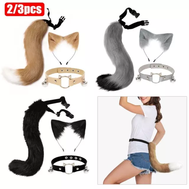 2/3x Simulation Cat Ears Tail Necklace Set Cosplay Props Plush Fox Ear Hair Hoop