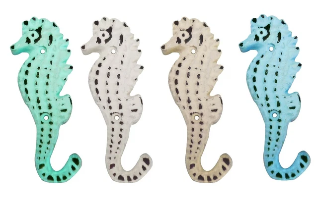 Cast Iron Seahorse Wall Hooks Set of 4 bathroom kitchen towels Nautical home sea