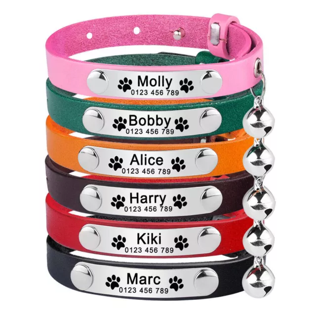 Leather Personalised Cat Collar with Bell Kitten Engraved ID Tag Safety Release