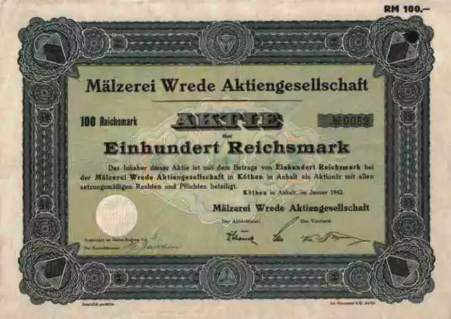 Mälzerei Wrede Köthen 1942 Hamburg Pfungstadt Sachsen Anhalt 100 RM Frankfurt