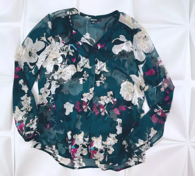 DKNY Sz S Womens Stretch Silk Floral Print Sheer Blouse Top Button Front Shirt