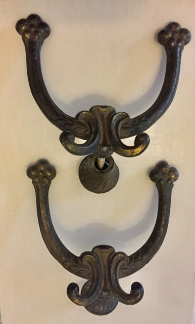 Antique Pair Cast Iron/Brass Victorian DOUBLE Wall HOOKS, Coat, Hat Rack Bracket