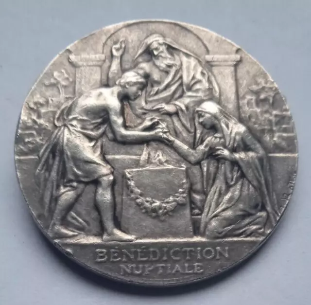 WEDDING / MARRIAGE FINE FRENCH ART NOUVEAU SOLID SILVER MEDAL / BROOCH by BOTTEE