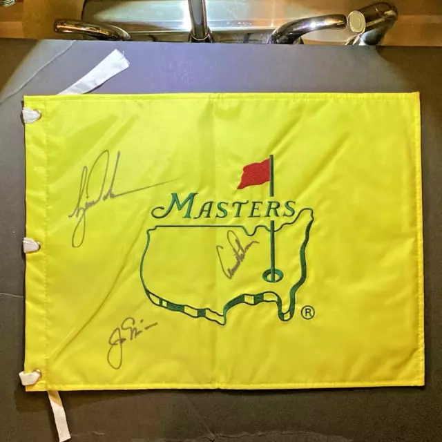 Tiger Woods, Nicklaus & Palmer Signed Masters Flag With Todd Mueller Certificate