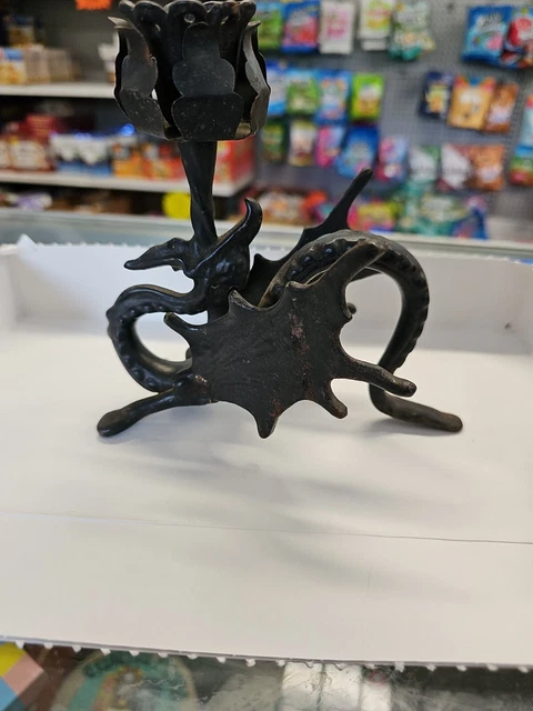 Vintage Cast Iron Winged Griffin Dragon Taper Candle Holder Gothic Black Vintage Cast Iron Winged Griffin Dragon Taper Candle Holder Gothic Black