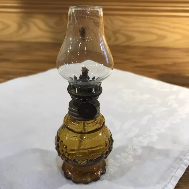Miniature Oil Lamp Glass Grapevine Pattern Amber 5” Read