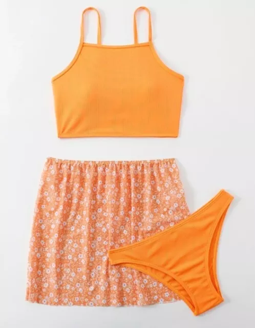 Womens Size 16 UK Orange Ditsy Swimming Costume 3 Piece Set Swimsuit Swimwear