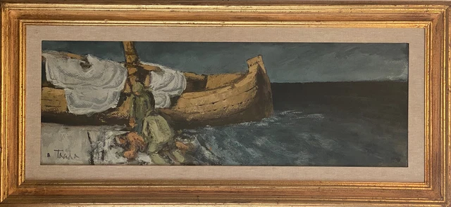 Bellissimo dipinto a olio Ausonio Tanda Pescatori con barca cm 35x100