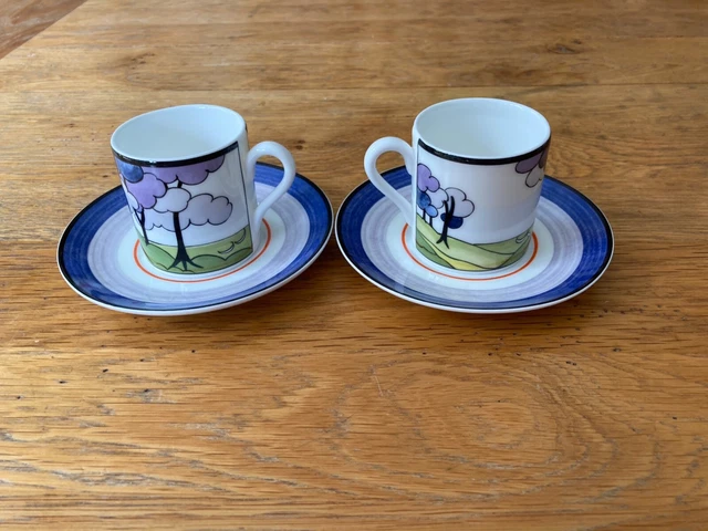 2 x Limited Edition Clarice Cliff "blue Firs" coffee cup and saucer by Wedgwood