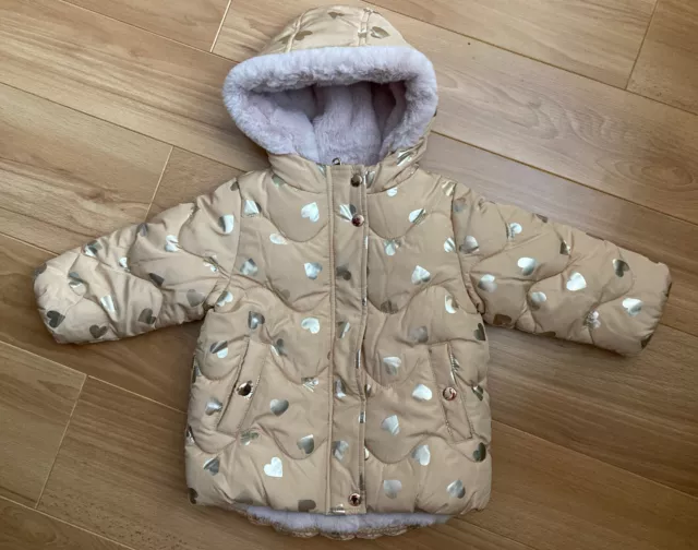 Baby Girls next cream gold heart print hooded shower resistant coat age 9-12 NWT