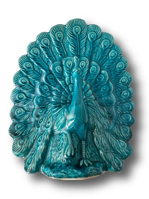 Ceramic Peacock Sculpture Midcentury Turqouise Blue-Green 14 inch Heavy