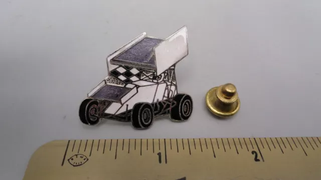 Vintage White Sprint Racing Winged Race Car Checkered Flag Hat Lapel Pin