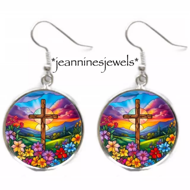 Faux Stained Glass Cross Crucifix Silver Dangle EARRINGS Rainbow Easter Gift