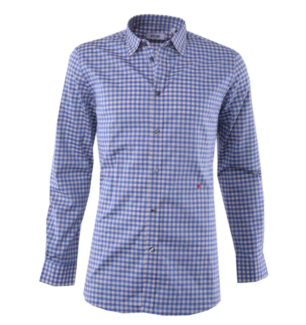 Moschino Check Shirt from Cotton with Logo Blue White 04372