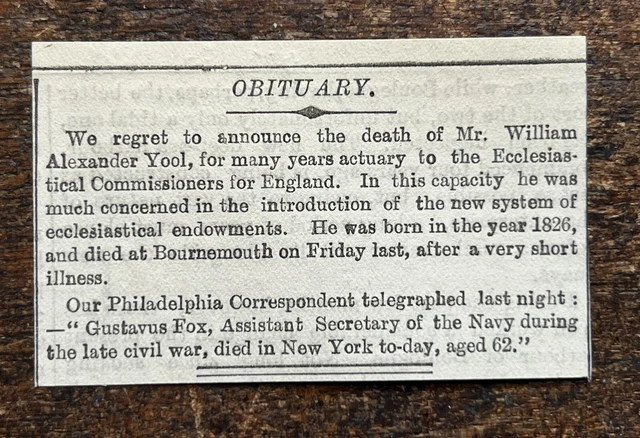 Obituary - William Alexander Yool - Bournemouth - 1883 Press Cutting r477