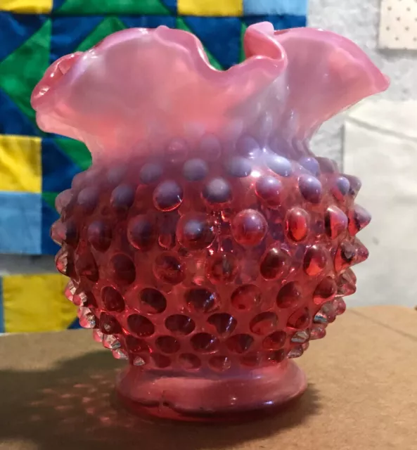 Vtg Fenton Cranberry Opalescent Hobnail  Rose Bowl Glass vase 4 1/2" tall 2