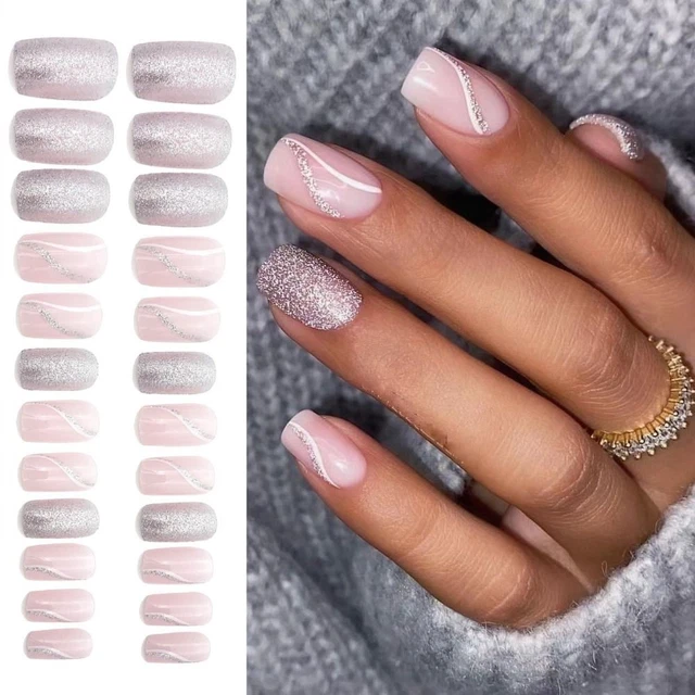 Manicura simple cabeza cuadrada larga uñas postizas línea rosa plateada