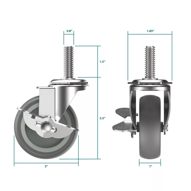 Caster Wheels 3 inch Locking Stem Casters 3/8" -16 x 1-1/2" (Stem Diam... 2