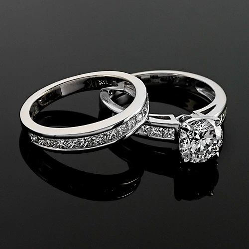 2.46 Ct Round Cut Diamond Engagement Ring 14K White Gold Matching Band Treated