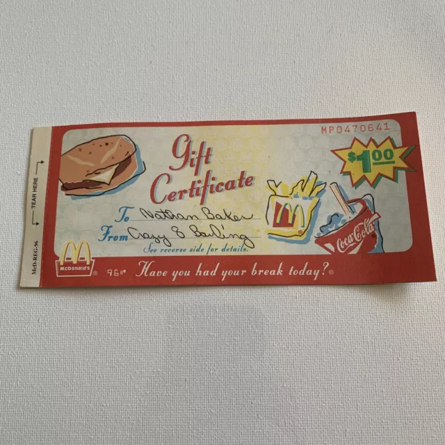 Book Of 5 $1.00 McDonald’s Gift Certificates 1996